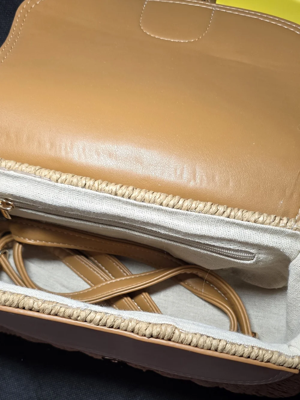 Woven Straw Crossbody Bag with Tan Leather Trim